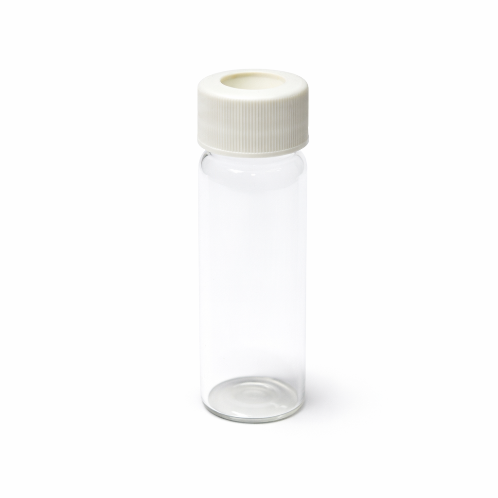 Clear plastic vial with a white cap on a white background