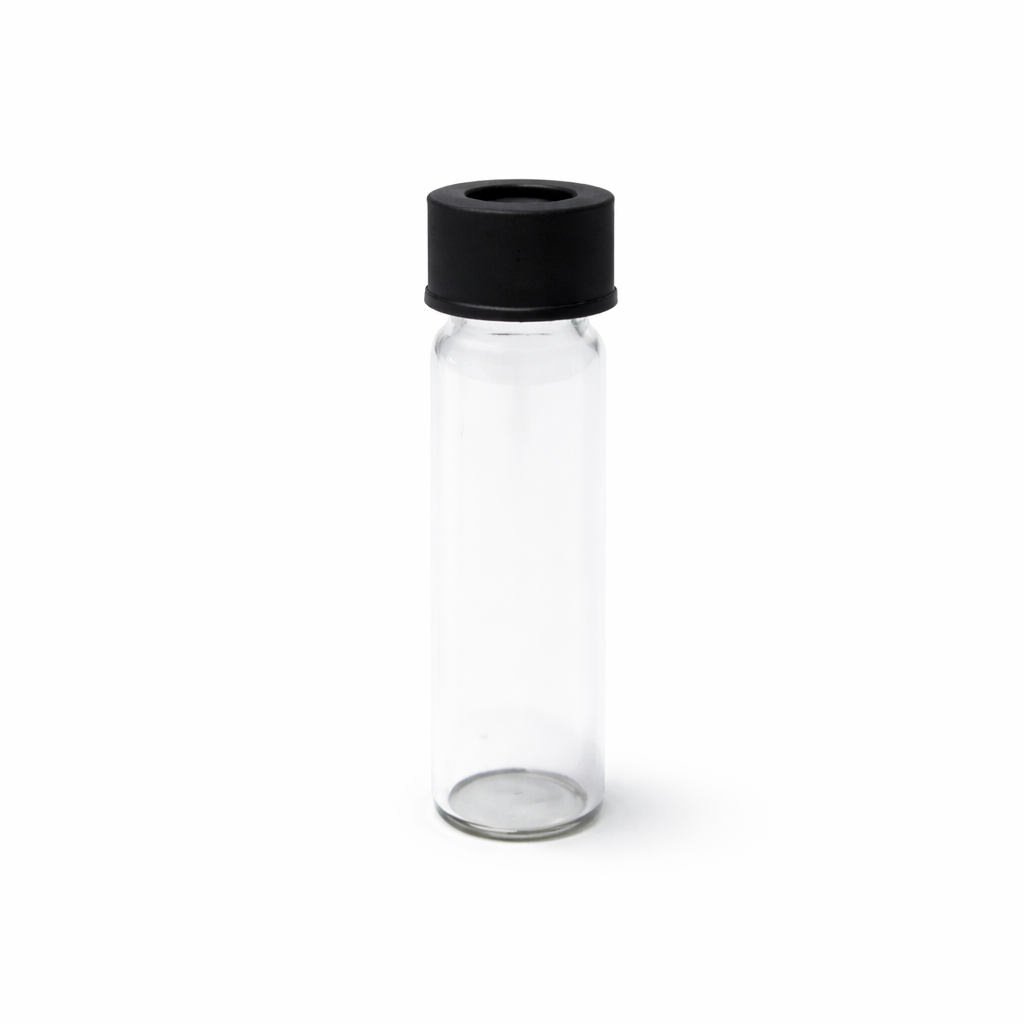 Clear plastic vial with a black cap on a white background